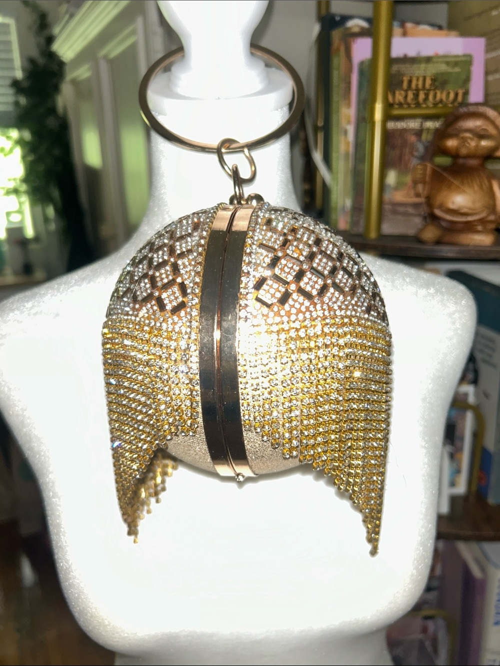 Gold Rhinestone Fringe Sphere Clutch Evening Handbag